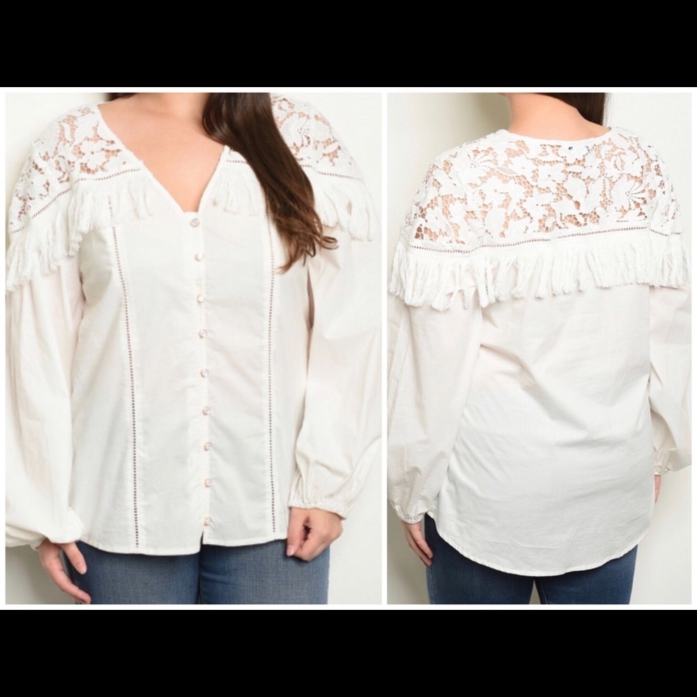 New Lantern Sleeve Tassel Lace Plus Size Top - Picture 2 of 4
